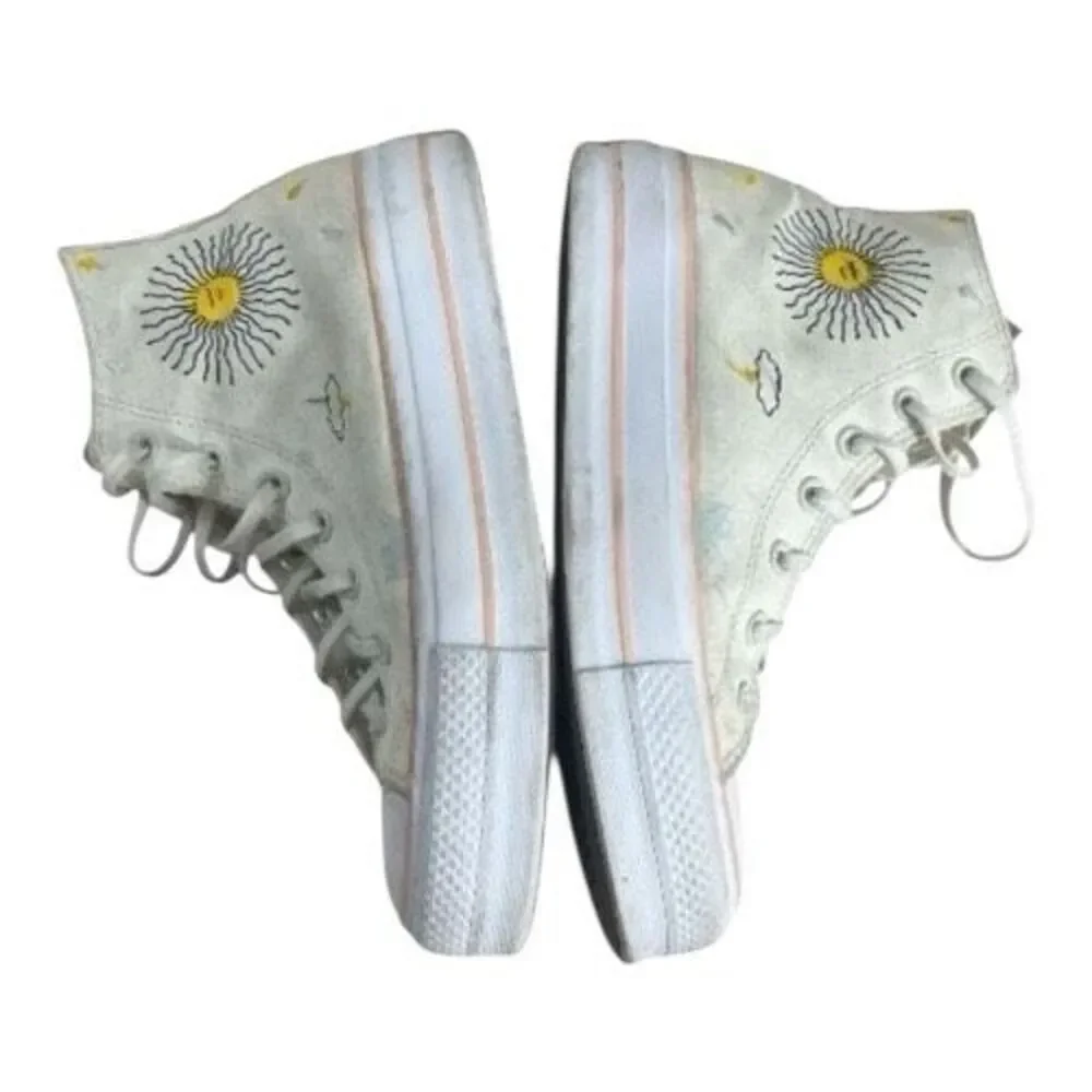 Converse Chuck Taylor All Star Lift High White Sun & Cloud Embroidered Shoes 9